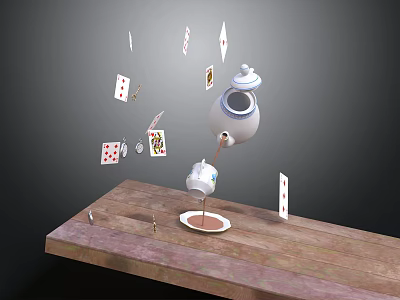 Tabletop Scene With Wooden Surface Floating Teapot Teacup And Scattered Playing Cards 3d model