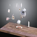 Tabletop Scene With Wooden Surface Floating Teapot Teacup And Scattered Playing Cards