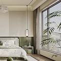 Modern Bedroom Interior With Bed Decorative Painting Pendant Light Greenery And Natural Light