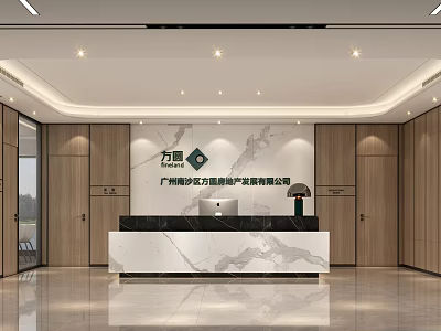 Front Desk Reception Lobby With Modern Design Marble Countertop And Wooden Wall Panels 3d model