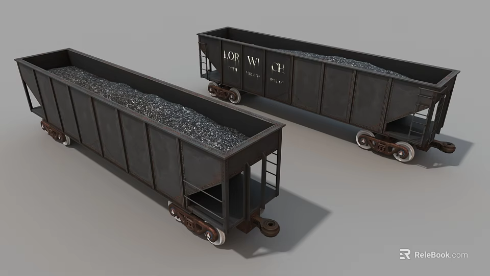 Black Gravel Loaded Freight Train Cars With Wheels And LDR WGF Markings 3d model 