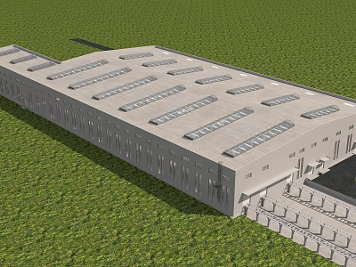 Industrial Factory Building with Concrete Structure Large Roof Skylights Green Grass Surroundings and Loading Area 3d model