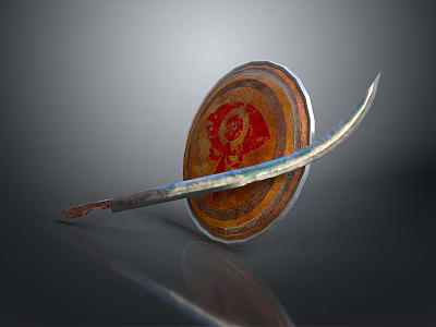 Ancient Weapon Shield and Curved Sword With Red Decorative Pattern 3d model