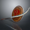 Ancient Weapon Shield and Curved Sword With Red Decorative Pattern
