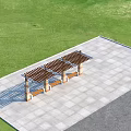 Pergola with Brick Stone Columns Wooden Roof and Benches in Outdoor Park Space
