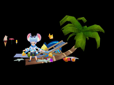 Cartoon Character On Boat With Blue Hair Pink Ears Yellow Fish Colorful Starfish 3d model