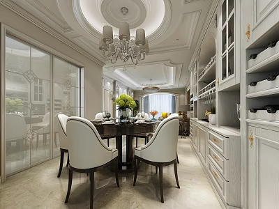 Elegant Restaurant Interior With Chandelier Dining Table White Chairs And Cabinets 3d model