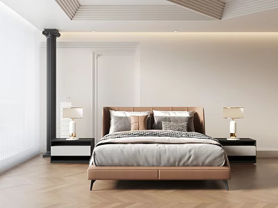 Elegant Modern Bedroom Double Bed With Brown Headboard Pillows And Wooden Floor Design 3d model