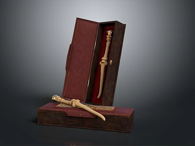 Antique Bone Carved Weapon Displayed in Open Red Decorative Box with Gold Accents 3d model