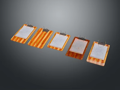 Different Assorted Wooden Clipboards With Metal Clips Holding Paper Sheets 3d model