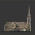Church Building Model Featuring Tower Spire Brown Roof And Red Car Display Scene