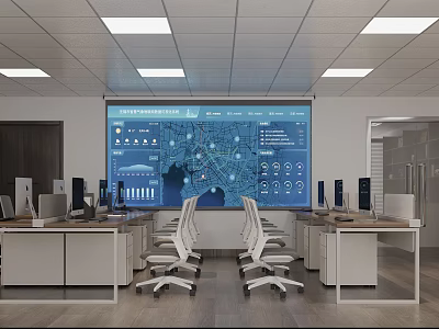 Modern Office Interior With Large Interactive Screen Data Displays Desks And Ergonomic Chairs 3d model