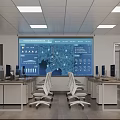 Modern Office Interior With Large Interactive Screen Data Displays Desks And Ergonomic Chairs 3d model