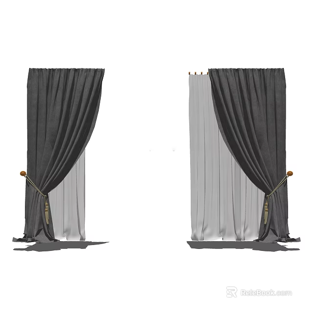 Elegant Dark Gray Curtains With Draped Fabric Design And Wooden Tiebacks 3d model 