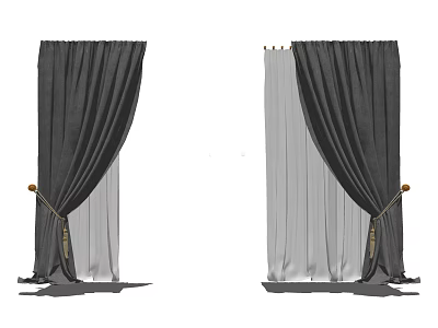 Elegant Dark Gray Curtains With Draped Fabric Design And Wooden Tiebacks 3d model