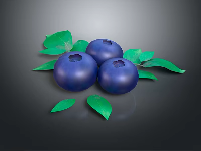 Organic Fresh Ripe Blueberries With Green Leaves On Dark Background 3d model
