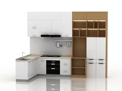 Modern Kitchen With White And Wooden Cabinets Wall Units Base Drawers Stove Sink 3d model