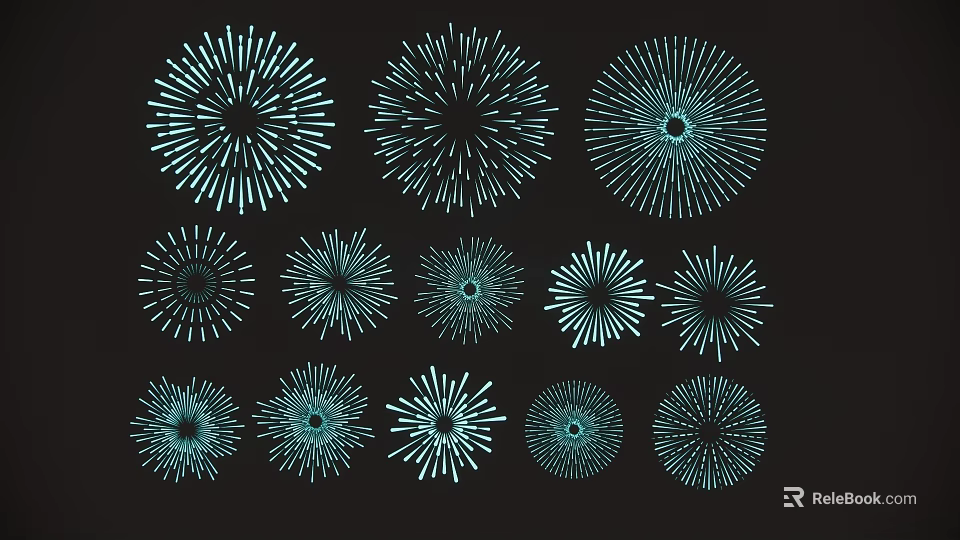 Teal Firework Shaped Hanging Decorations With Various Designs On Black Background 3d model 