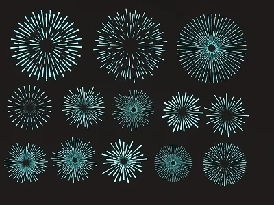 Teal Firework Shaped Hanging Decorations With Various Designs On Black Background 3d model