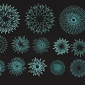 Teal Firework Shaped Hanging Decorations With Various Designs On Black Background