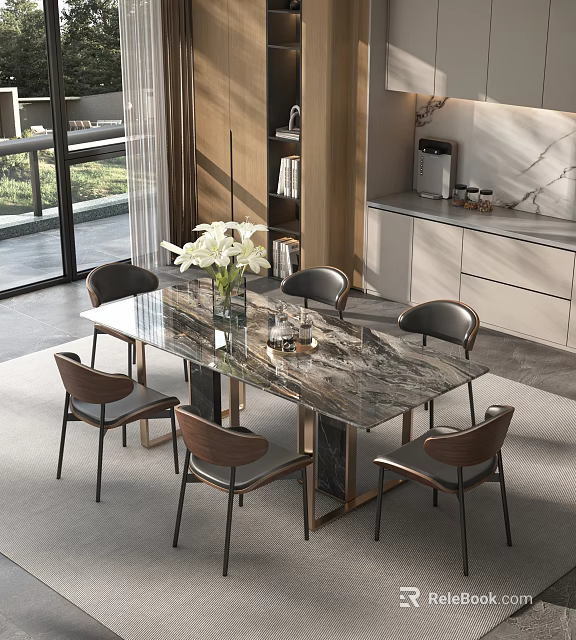 Modern Dining Room Interior With Marble Table White Flowers Vase Chairs And Large Windows 3d model 