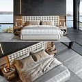 Luxurious Double Bed Interior With Tufted Headboard Nightstands And Ocean View 3d model
