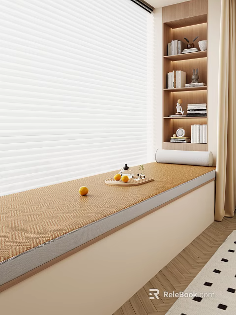 Cozy Window Seat Cabinet With Woven Mat Blinds Cushion Fruits Tray And Bookshelf 3d model 