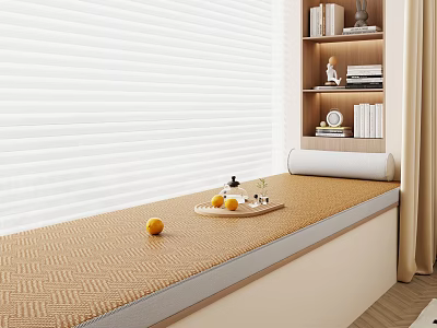 Cozy Window Seat Cabinet With Woven Mat Blinds Cushion Fruits Tray And Bookshelf 3d model