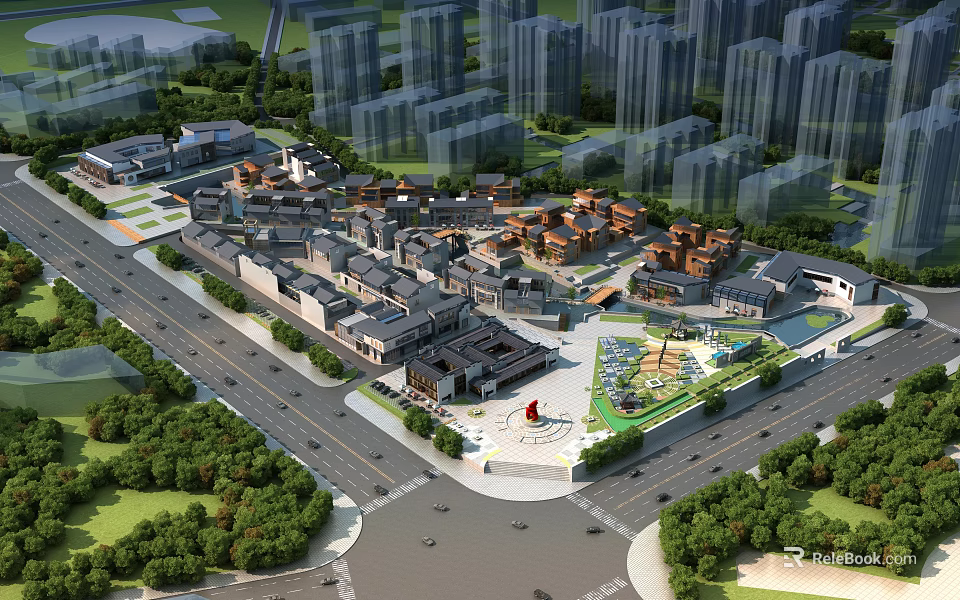 Vibrant Commercial Street With Traditional Architecture Modern High-Rises And Urban Greenery 3d model 