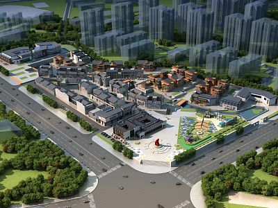 Vibrant Commercial Street With Traditional Architecture Modern High-Rises And Urban Greenery 3d model