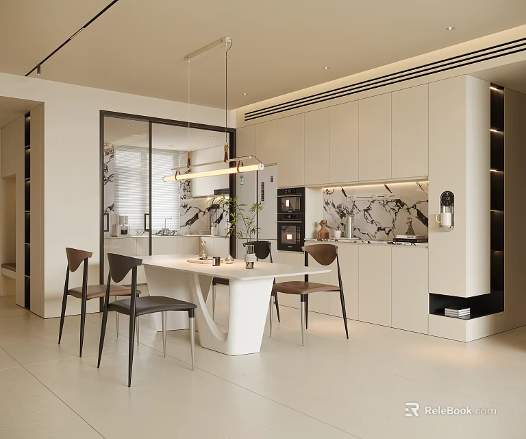 Modern Minimalist Dining Room Interior With White Table Chairs Pendant Lights And Marble Accents 3d model 