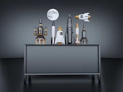 Various Rocket Models And Moon Decoration On Modern Black Cabinet 3d model
