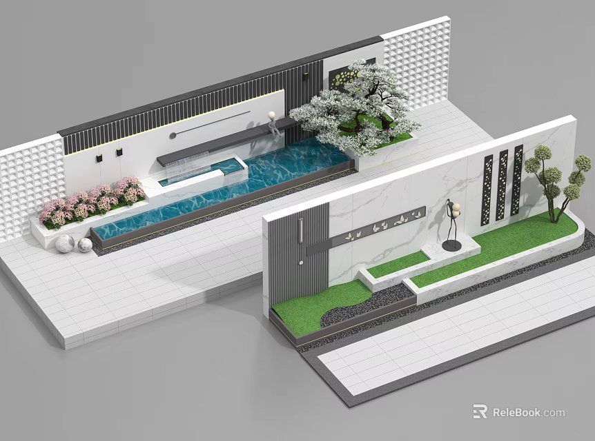 Modern Feature Wall Design With Landscaped Plants Small Pool And Gray White Materials 3d model 
