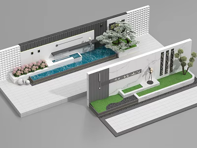 Modern Feature Wall Design With Landscaped Plants Small Pool And Gray White Materials 3d model