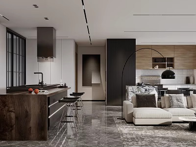 Modern Open Plan Living Dining Room With Sofa Bar Counter And Marble Flooring 3d model