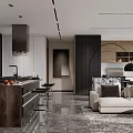 Modern Open Plan Living Dining Room With Sofa Bar Counter And Marble Flooring