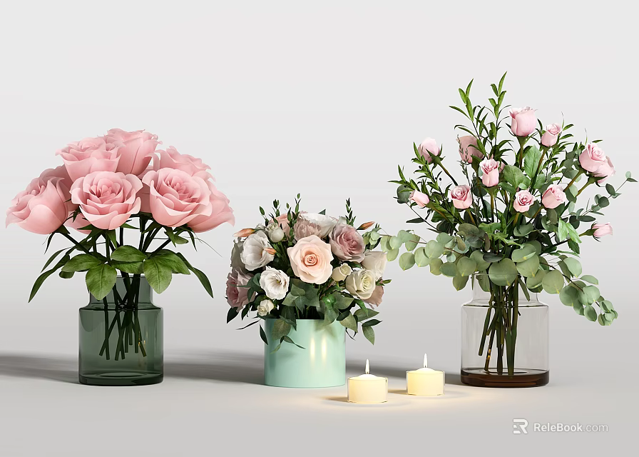 Pink Roses Mixed Flowers and Small Pink Blooms in Vases with Green Leaves and Candles 3d model 