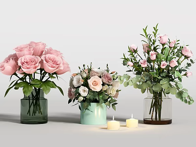 Pink Roses Mixed Flowers and Small Pink Blooms in Vases with Green Leaves and Candles 3d model