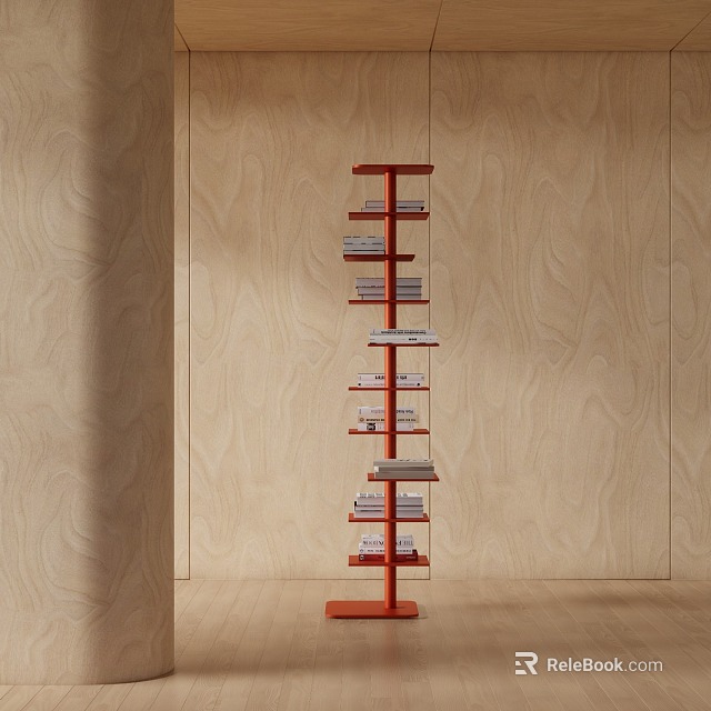 Stylish Red Vertical Bookshelf With Multi tiered Shelves Holding Books Against Wooden Wall Background 3d model 