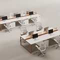 Modern Office Desk and Chair Set with Long White Tables Computer Monitors and Dividers