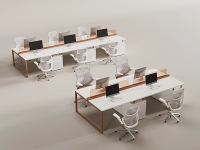 Modern Office Desk and Chair Set with Long White Tables Computer Monitors and Dividers 3d model