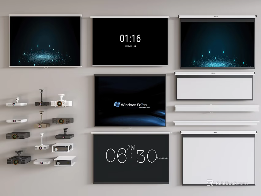 Projection Monitoring System With Wall Mounted Screens Projectors And Security Cameras 3d model 