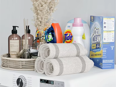 Small Bathroom Accessories Collection Including Folded Towels Bottles Basket And Cleaning Products 3d model