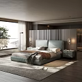 Modern Double Bed With Vertical Striped Headboard Nightstands And Scenic View