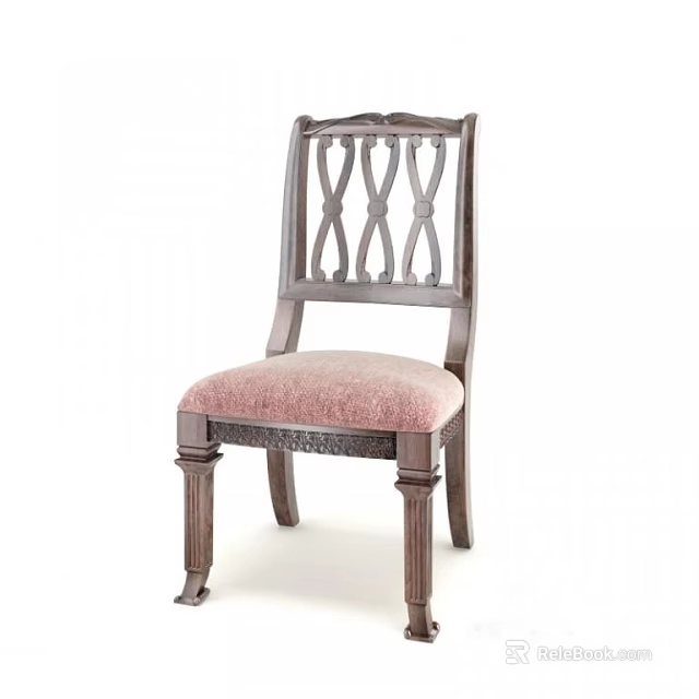 Classic Wooden Dining Chair With Carved Lattice Backrest And Pink Padded Seat 3d model 