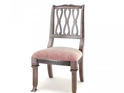 Classic Wooden Dining Chair With Carved Lattice Backrest And Pink Padded Seat 3d model