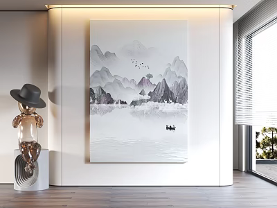 Traditional Chinese Landscape Painting With Mountains Water Small Boat And Flying Birds In Modern Interior 3d model