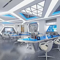 Modern Tech Integrated Kindergarten Classroom With Blue Lighting And Tables Featuring Screens 3d model