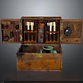 Open Vintage Wooden Chest With Various Equipment Glass Bottles And Small Tools