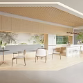 Pantry Interior Design With Wooden Cabinets Tropical Mural White Fridge Pendant Lights And Glass Wall